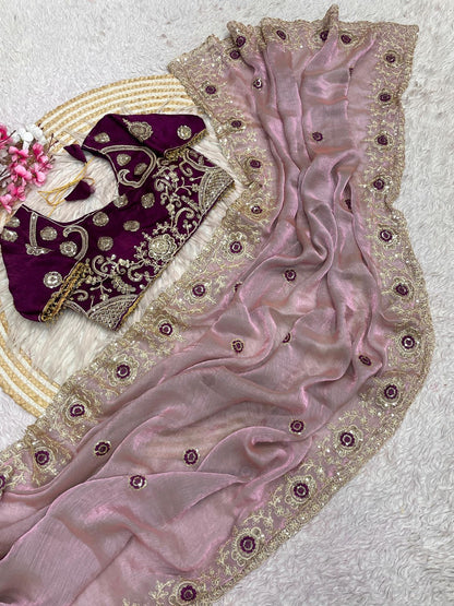 Fendy Chiffon two ton embroidery work Saree with Readymade Blouse