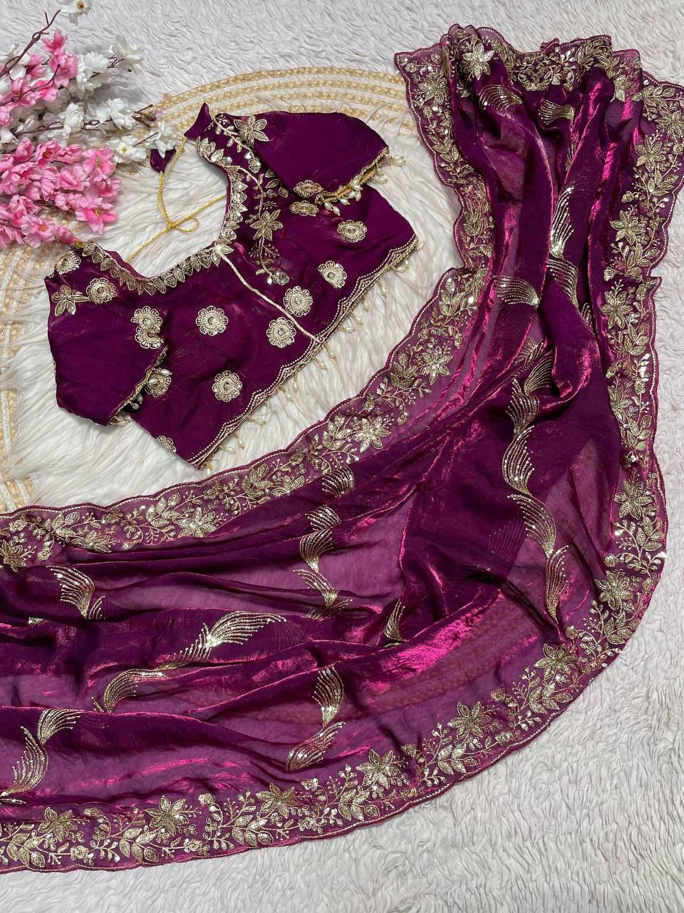 Fendy Sattin Embroidery work with Sequence Butti Saree With Readymade Blouse