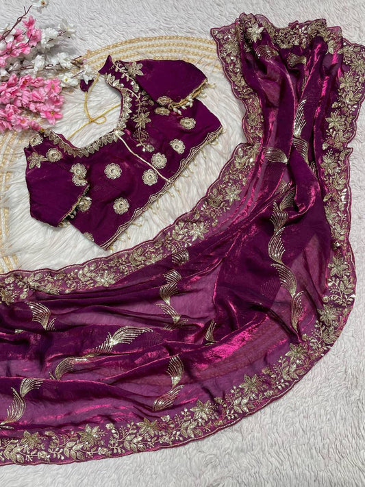 Fendy Sattin Embroidery work with Sequence Butti Saree With Readymade Blouse