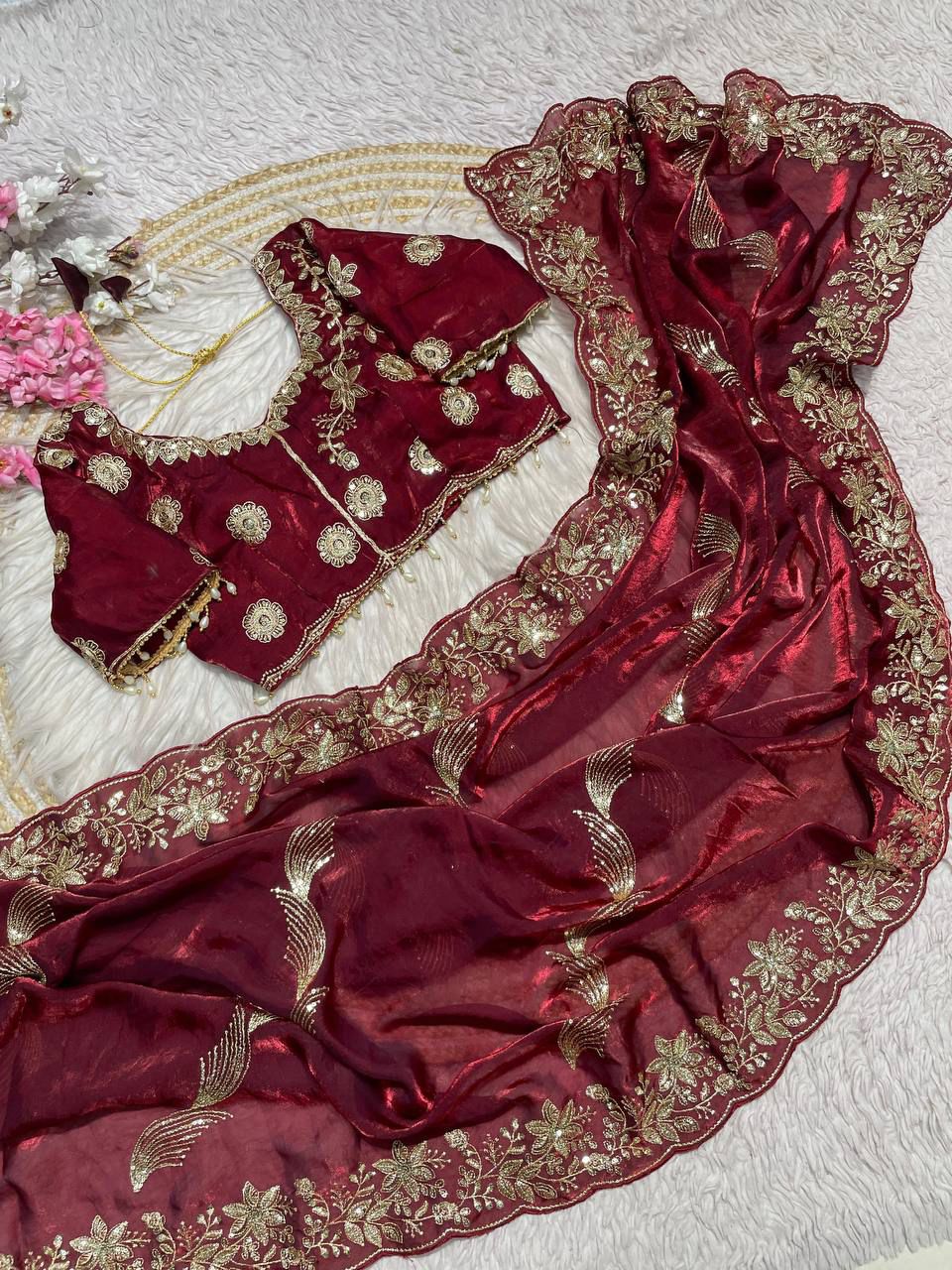 Fendy Sattin Embroidery work with Sequence Butti Saree With Readymade Blouse