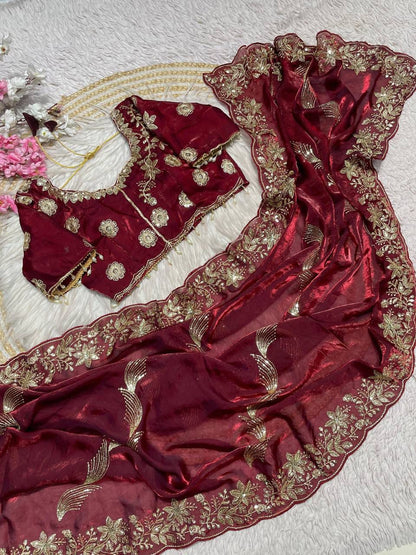 Fendy Sattin Embroidery work with Sequence Butti Saree With Readymade Blouse