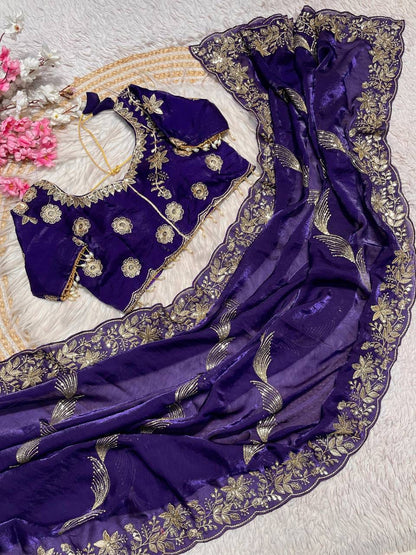 Fendy Sattin Embroidery work with Sequence Butti Saree With Readymade Blouse