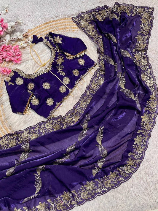 Fendy Sattin Embroidery work with Sequence Butti Saree With Readymade Blouse