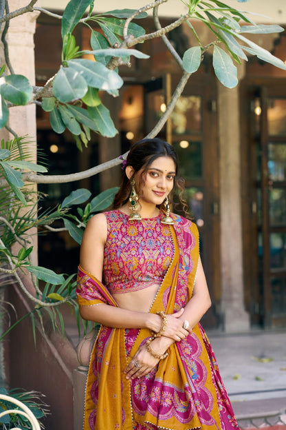 Elegant Pink Floral and Foil Print Tasar Silk Lehenga Choli