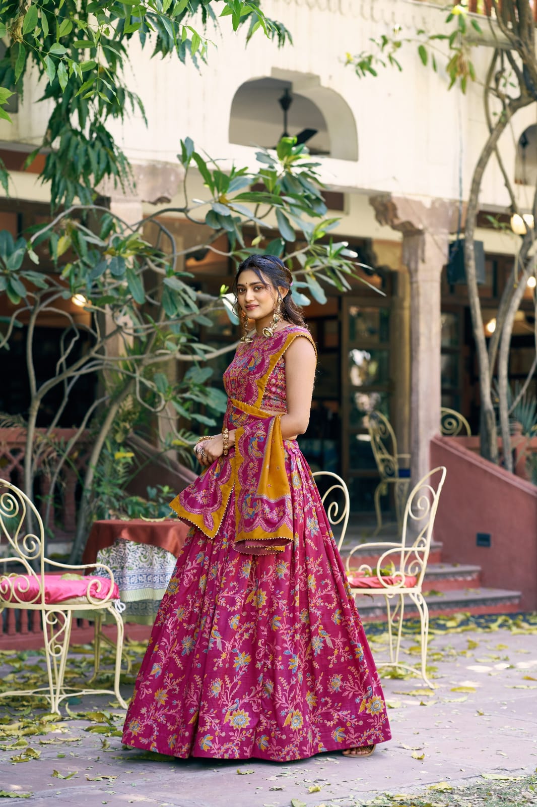 Elegant Pink Floral and Foil Print Tasar Silk Lehenga Choli