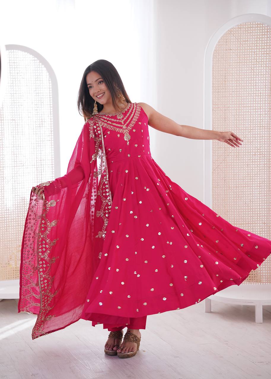 Hot Pink Roman Silk Embroidery Sequence Work Designer Anarkali Gown Pant with Dupatta
