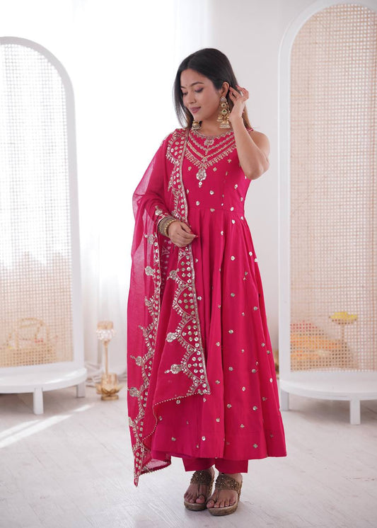 Hot Pink Roman Silk Embroidery Sequence Work Designer Anarkali Gown Pant with Dupatta