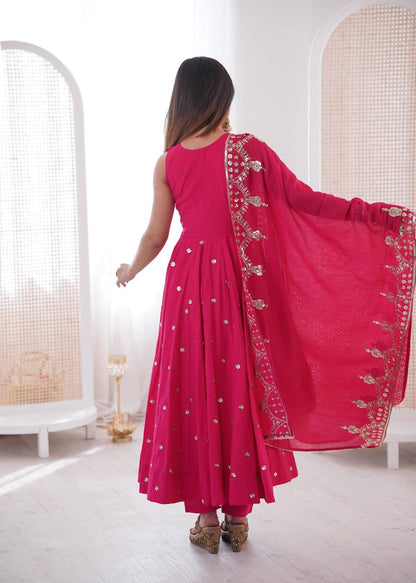 Hot Pink Roman Silk Embroidery Sequence Work Designer Anarkali Gown Pant with Dupatta