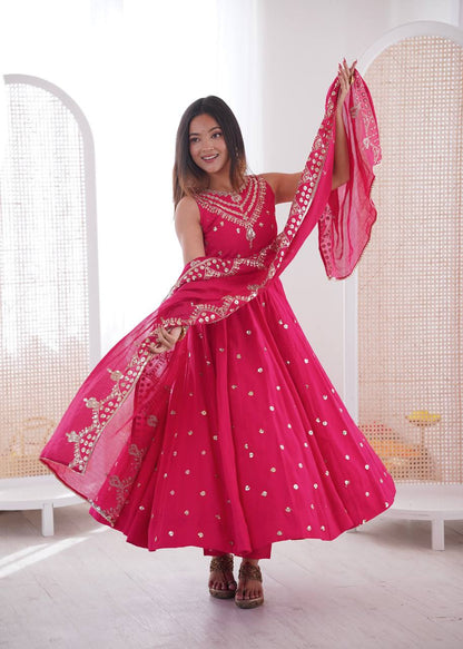 Hot Pink Roman Silk Embroidery Sequence Work Designer Anarkali Gown Pant with Dupatta