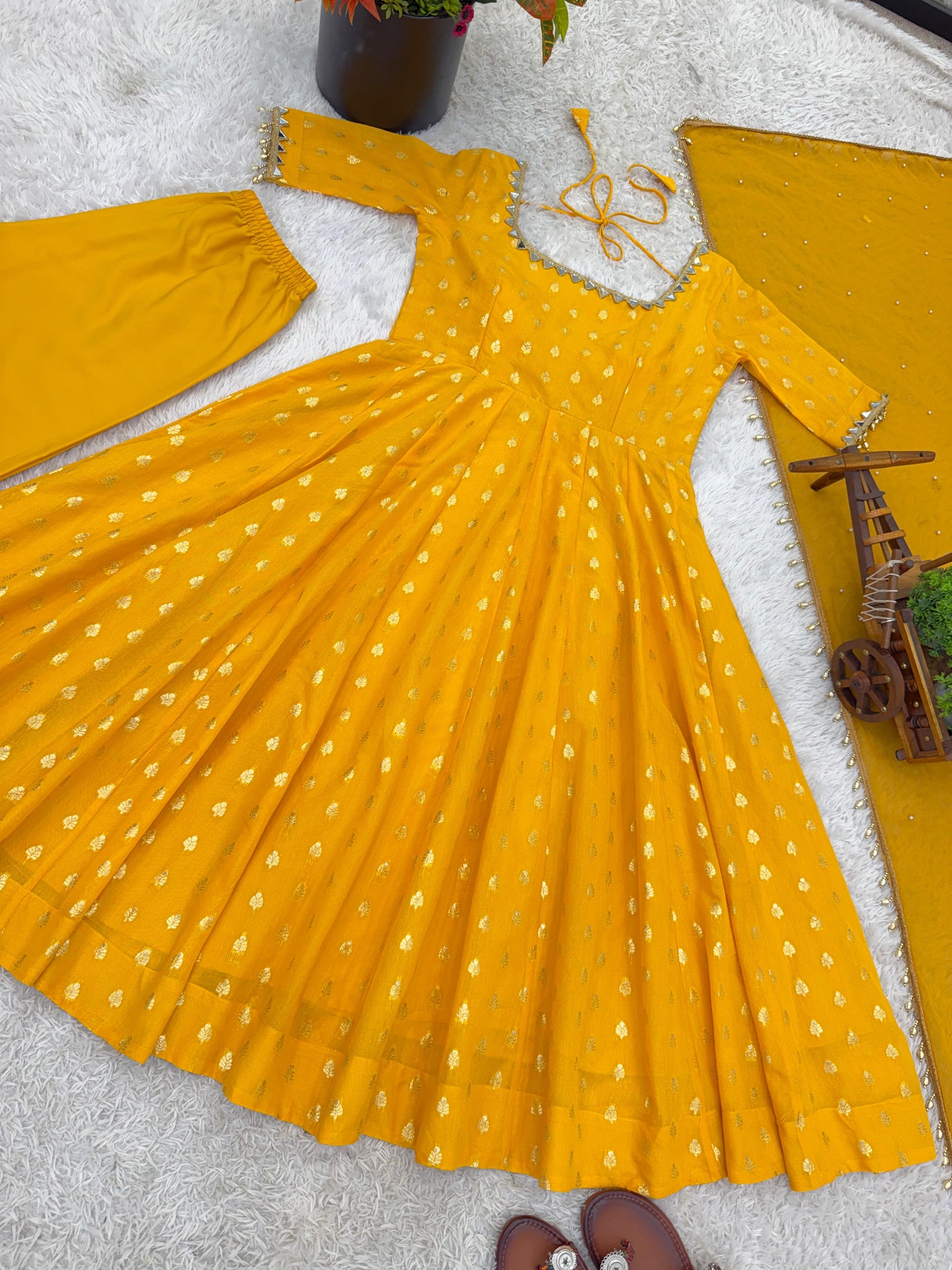 Yellow Color Chanderi Jacquard Butti with Mirror Work Anarkali Gown Pant and Dupatta