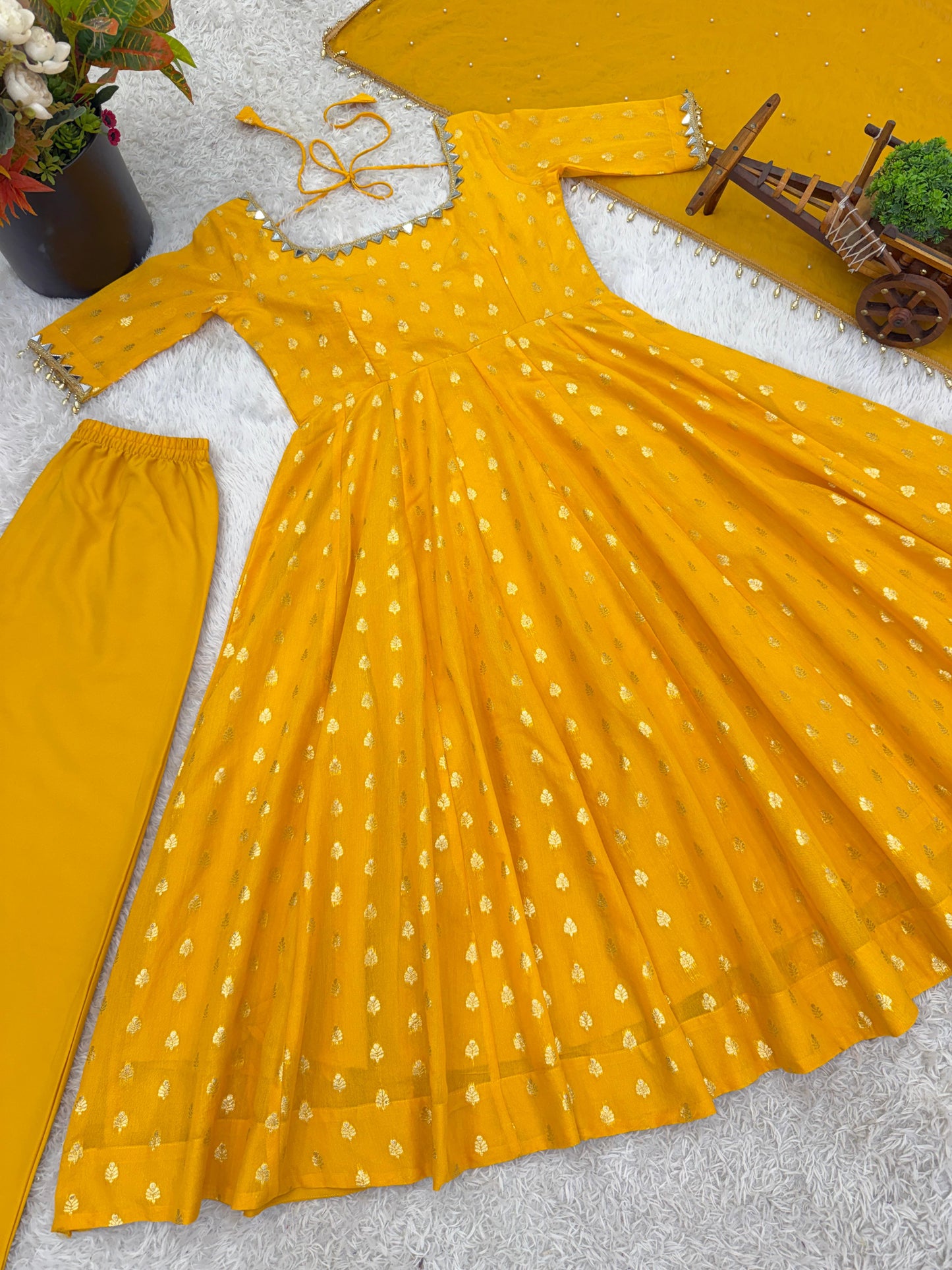 Yellow Color Chanderi Jacquard Butti with Mirror Work Anarkali Gown Pant and Dupatta