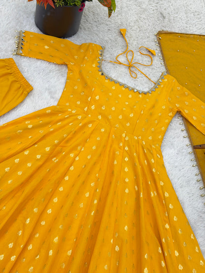 Yellow Color Chanderi Jacquard Butti with Mirror Work Anarkali Gown Pant and Dupatta