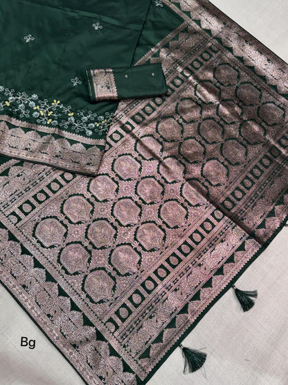 Bottle Green Color Banarasi Silk Border Embroidered work Saree With Unstitched Blouse