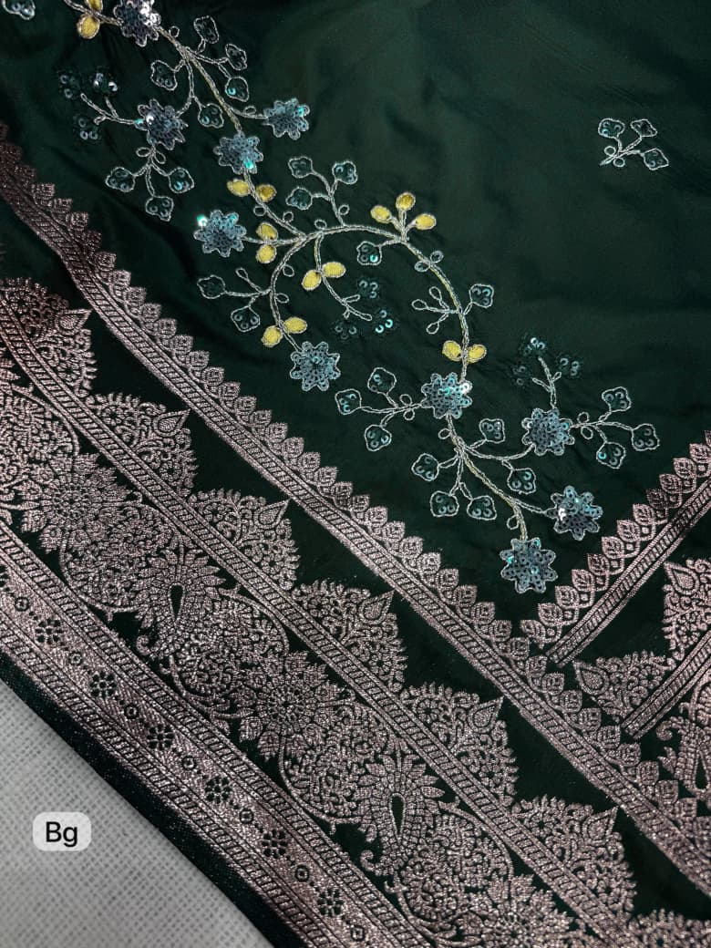 Bottle Green Color Banarasi Silk Border Embroidered work Saree With Unstitched Blouse