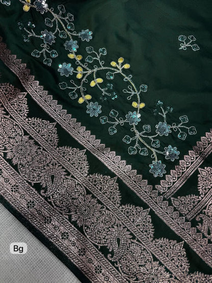 Bottle Green Color Banarasi Silk Border Embroidered work Saree With Unstitched Blouse