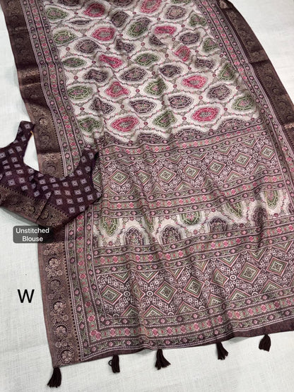 Wine color Ajrakh Print Saree with Unstitched Blouse