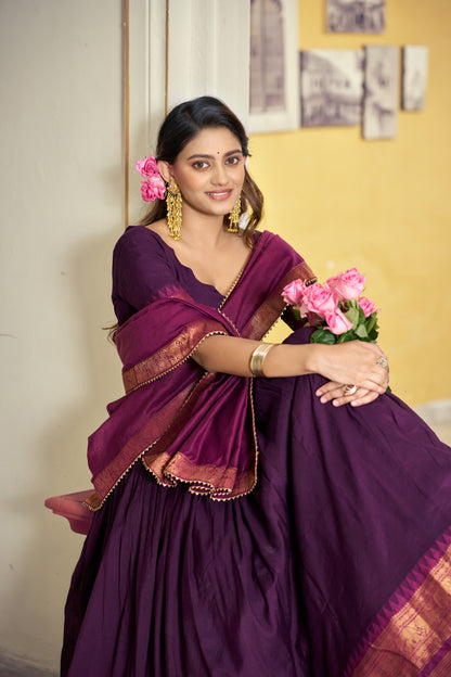 Wine Poly Cotton Zari weaving Border Lehenga Choli with Dupatta