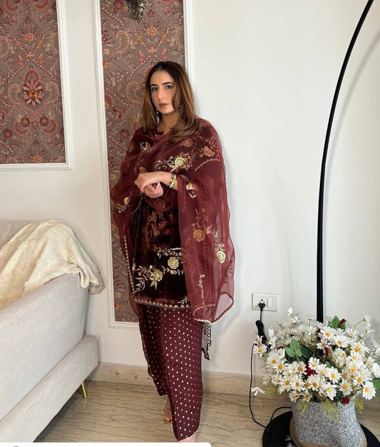 FOR THIS WINTER SEASON IN VELVET DESIGNER WEAR KURTA PLAZZO PAIR WITH EMBROIDERY WORK