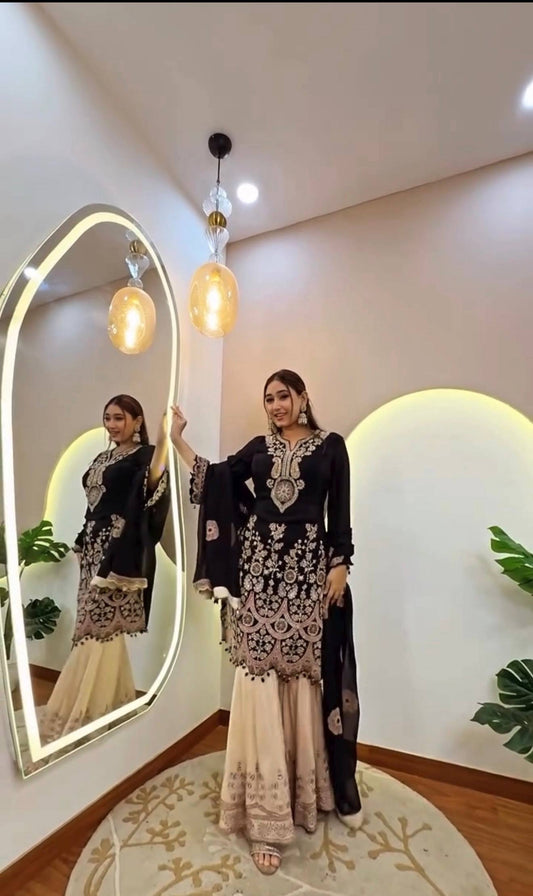 DESIGNER WEAR KURTA SARARA PAIR WITH DUPATTA IN SEQUENCE EMBROIDERY WORK