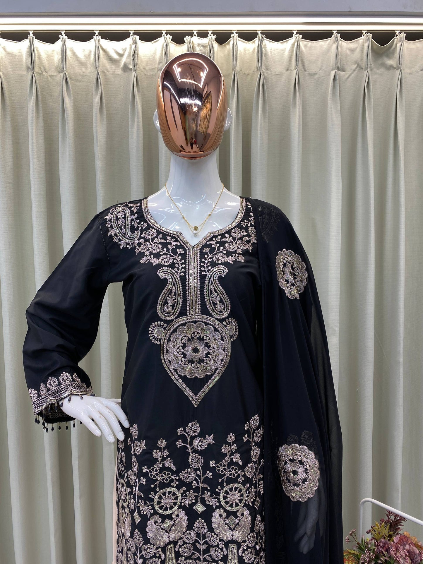 DESIGNER WEAR KURTA SARARA PAIR WITH DUPATTA IN SEQUENCE EMBROIDERY WORK