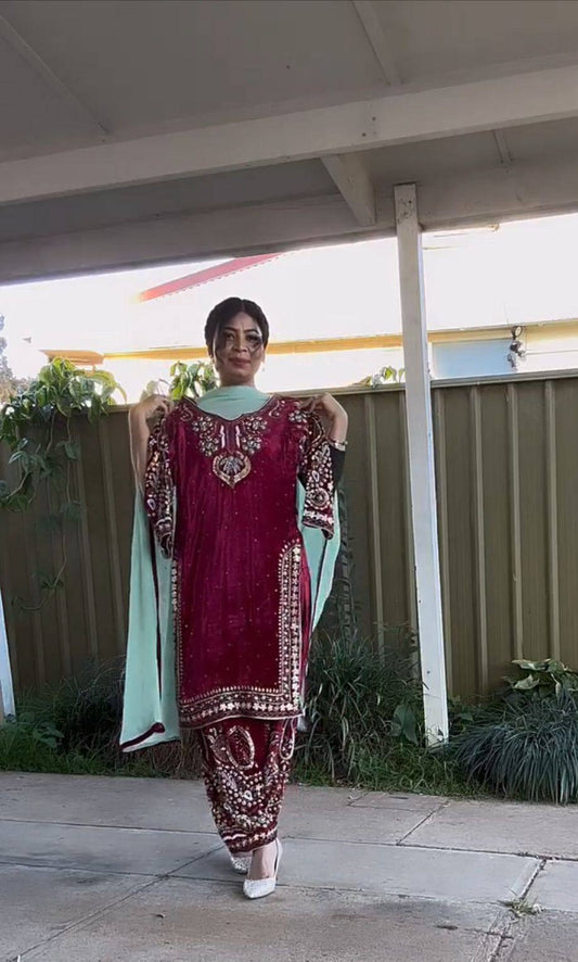FOR THIS WINTER SEASON WEAR VELVET CORDING SEQUENCE EMBROIDERY WORK SUIT WITH DUPATTA