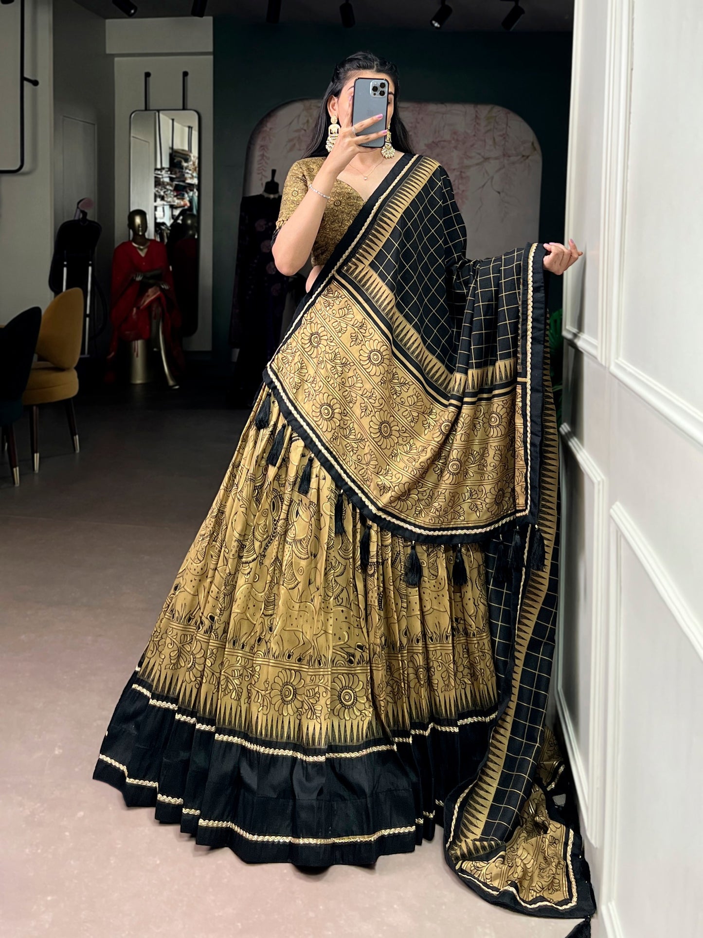 Mustard Yellow  Black Color Kalamkari Lehenga Choli