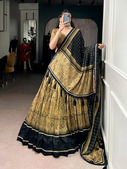 Mustard Yellow  Black Color Kalamkari Lehenga Choli