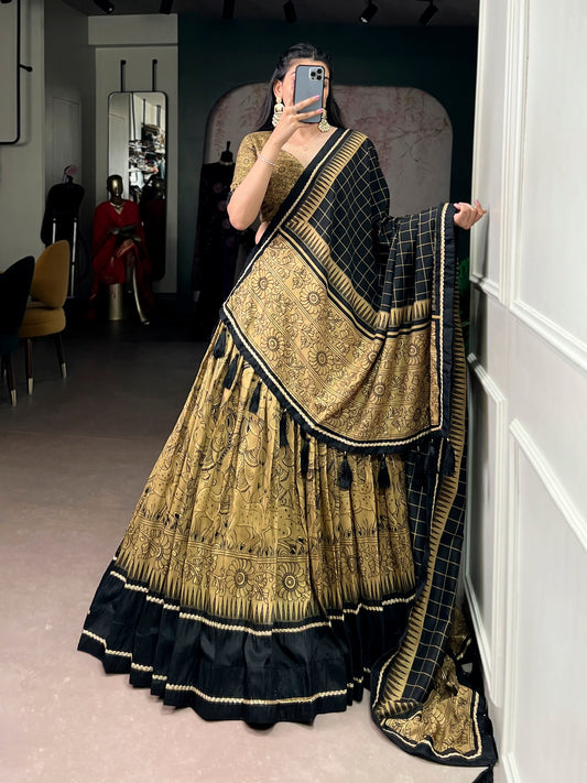 Mustard Yellow  Black Color Kalamkari Lehenga Choli