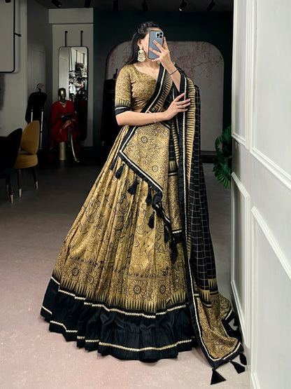 Mustard Yellow  Black Color Kalamkari Lehenga Choli