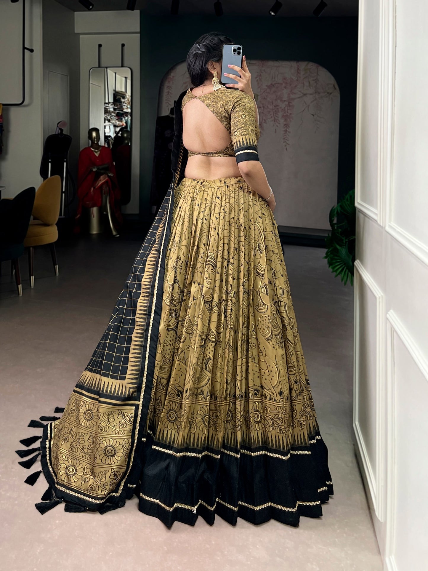 Mustard Yellow  Black Color Kalamkari Lehenga Choli