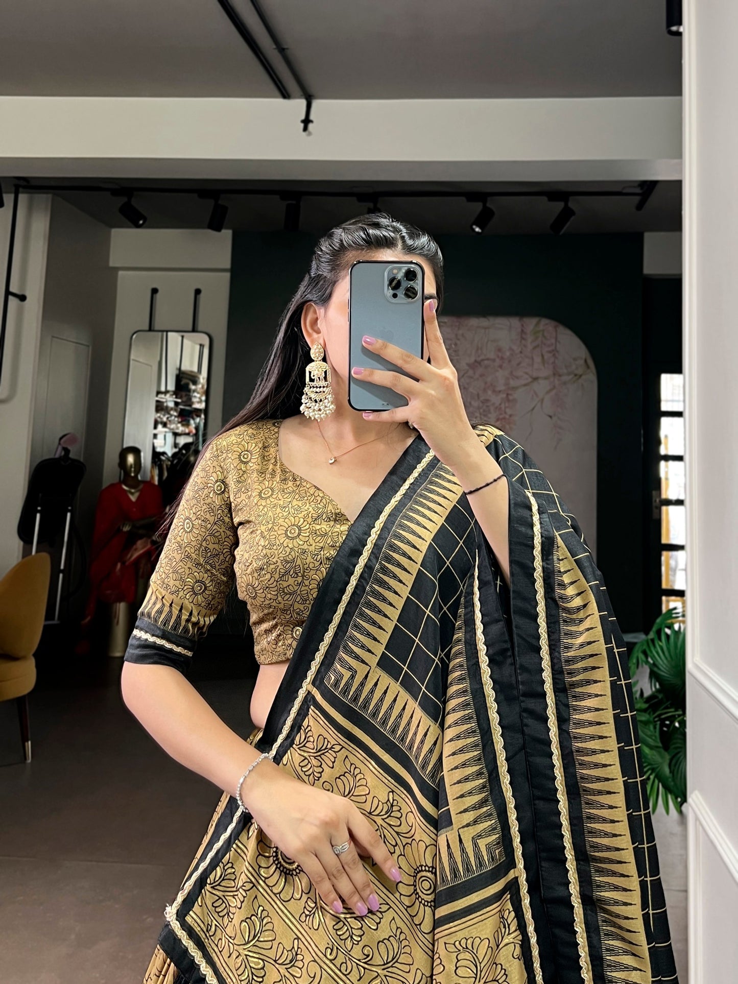 Mustard Yellow  Black Color Kalamkari Lehenga Choli