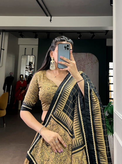 Mustard Yellow  Black Color Kalamkari Lehenga Choli