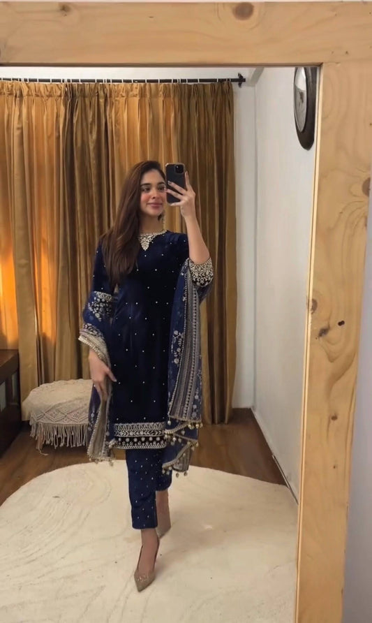 FOR THIS WINTER SEASON IN VELVET DESIGNER WEAR KURTA PANT PAIR WITH EMBROIDERY WORK