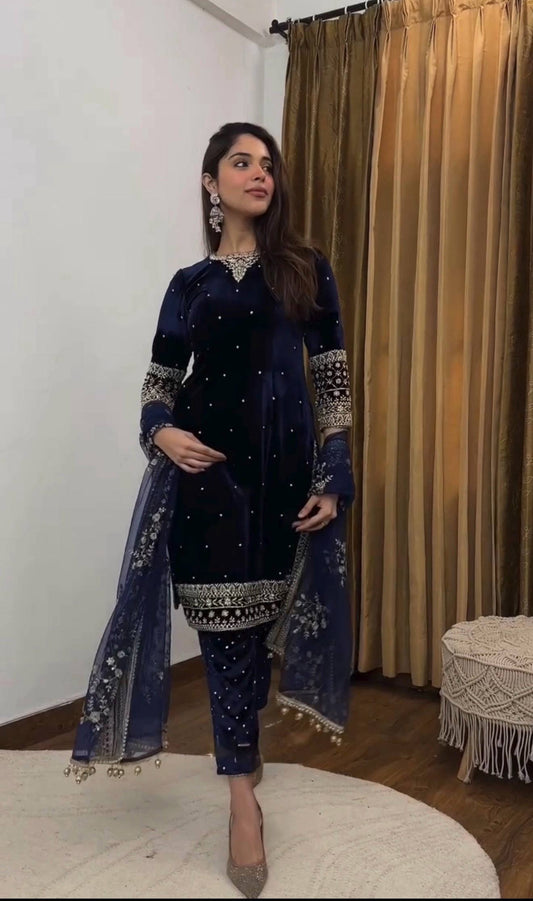 FOR THIS WINTER SEASON IN VELVET DESIGNER WEAR KURTA PANT PAIR WITH EMBROIDERY WORK