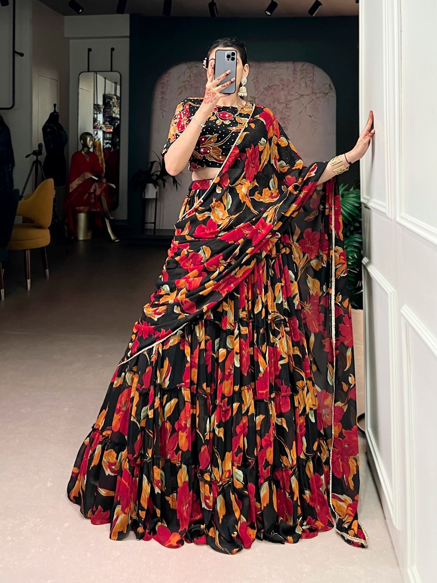 Black Colour Party Wear Floral Printed Lehenga Choli