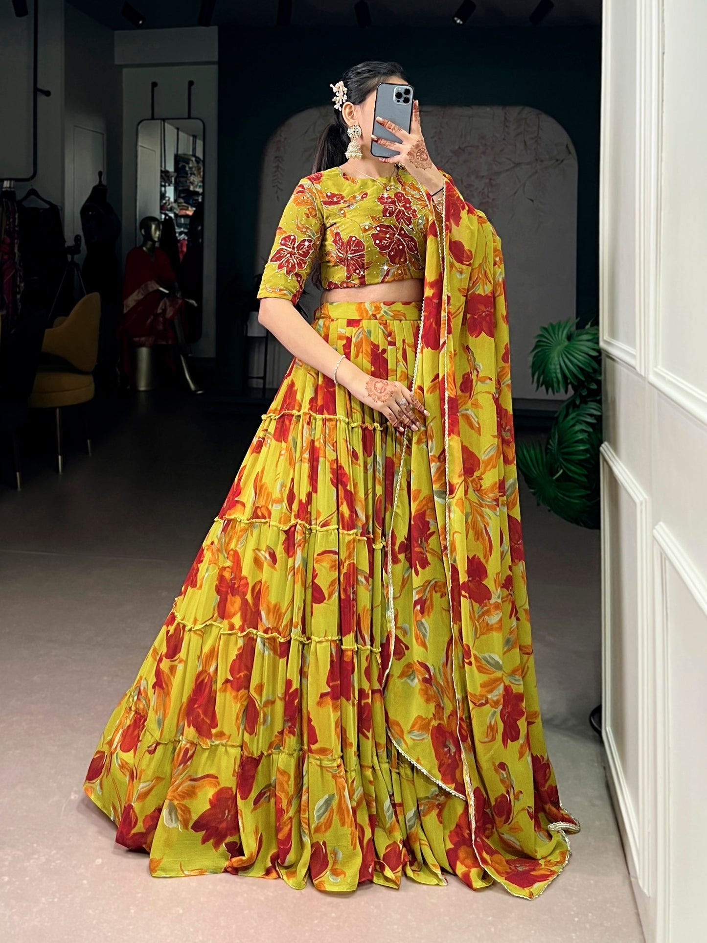 Yellow Color Party Wear Floral Printed Lehenga Choli