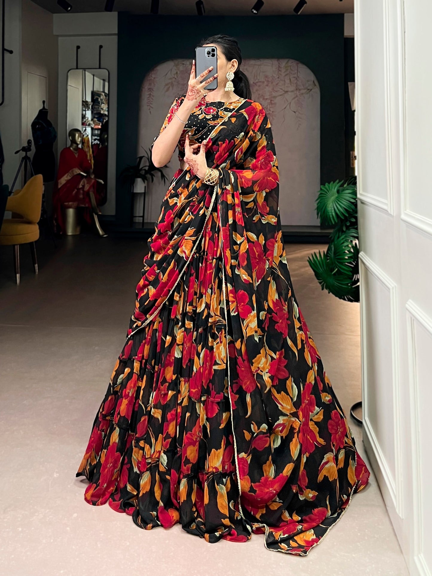 Black Colour Party Wear Floral Printed Lehenga Choli