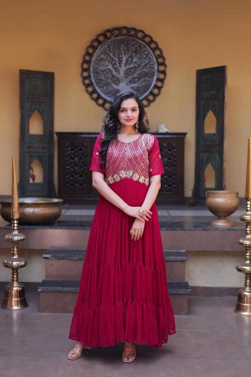 Pink Colour Faux Blooming Embroidery Zari Sequins-work Gown