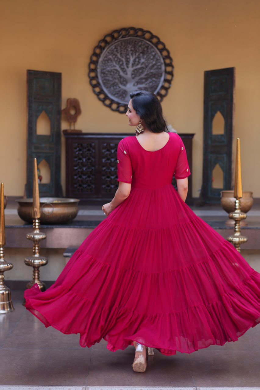 Pink Colour Faux Blooming Embroidery Zari Sequins-work Gown