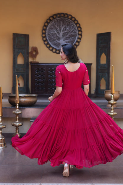 Pink Colour Faux Blooming Embroidery Zari Sequins-work Gown