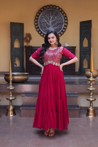 Pink Colour Faux Blooming Embroidery Zari Sequins-work Gown