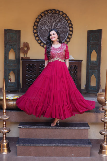 Pink Colour Faux Blooming Embroidery Zari Sequins-work Gown
