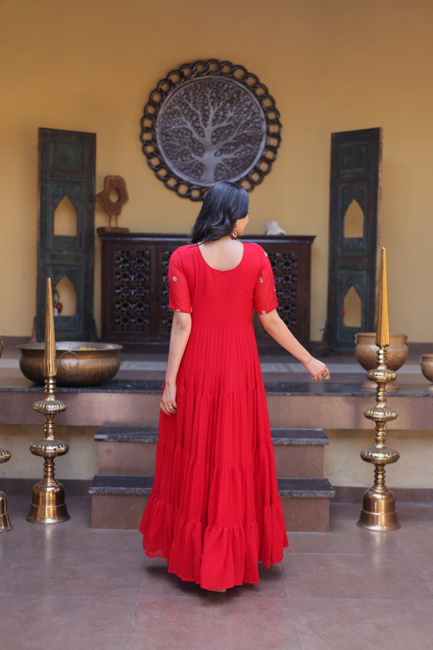 Red Colour Faux Blooming Embroidery Zari Sequins-work Gown