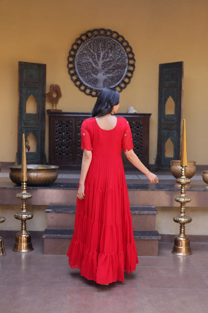Red Colour Faux Blooming Embroidery Zari Sequins-work Gown
