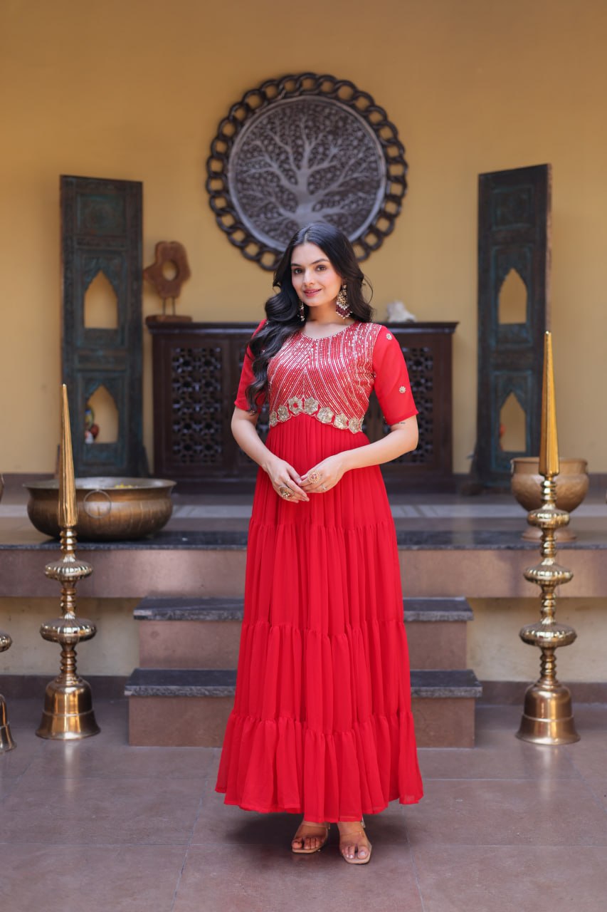 Red Colour Faux Blooming Embroidery Zari Sequins-work Gown