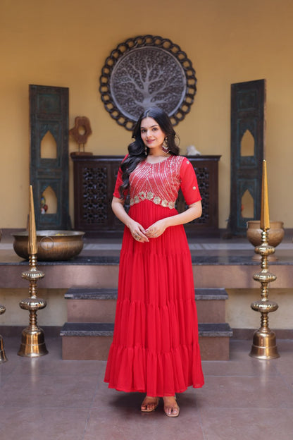 Red Colour Faux Blooming Embroidery Zari Sequins-work Gown