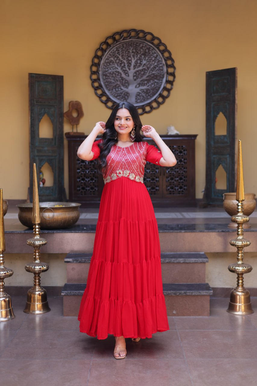 Red Colour Faux Blooming Embroidery Zari Sequins-work Gown