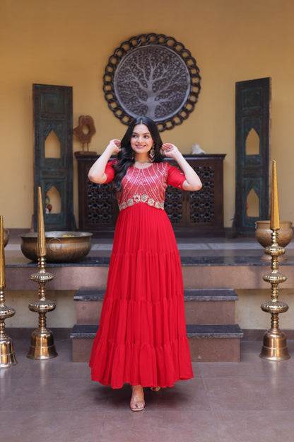 Red Colour Faux Blooming Embroidery Zari Sequins-work Gown