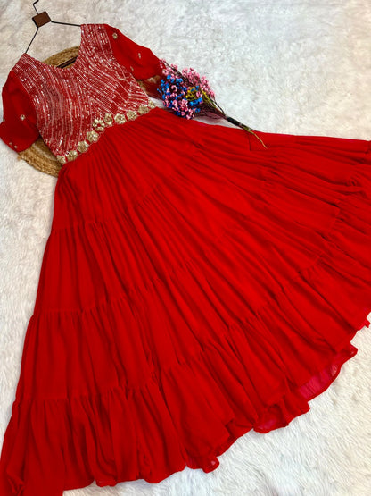 Red Colour Faux Blooming Embroidery Zari Sequins-work Gown