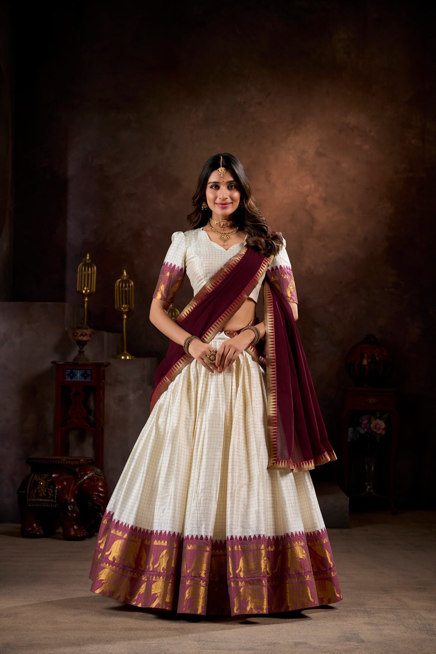 White Color Zari Weaving South Indian Lehenga Choli